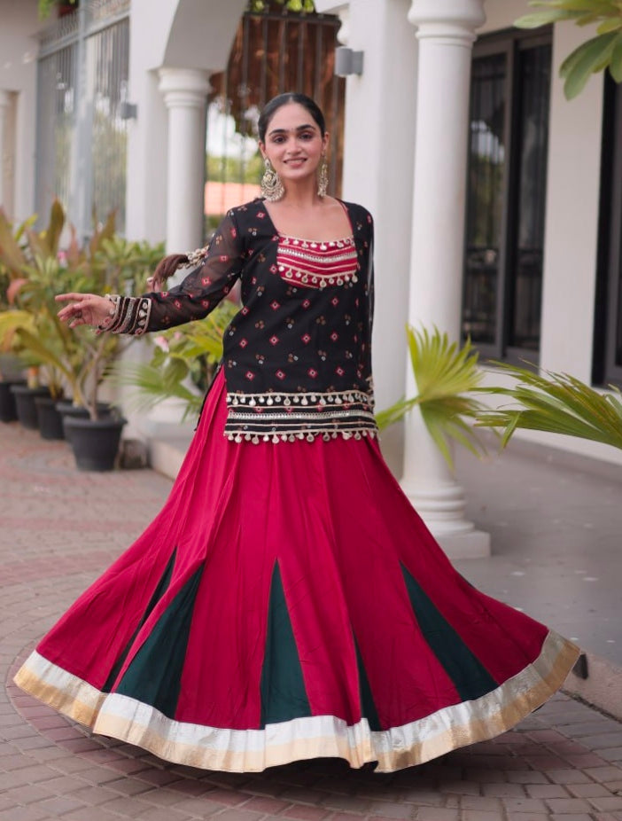 Black &amp; Red Pure Georgette Bandhani Print Kutchi Navratri Lehenga Choli