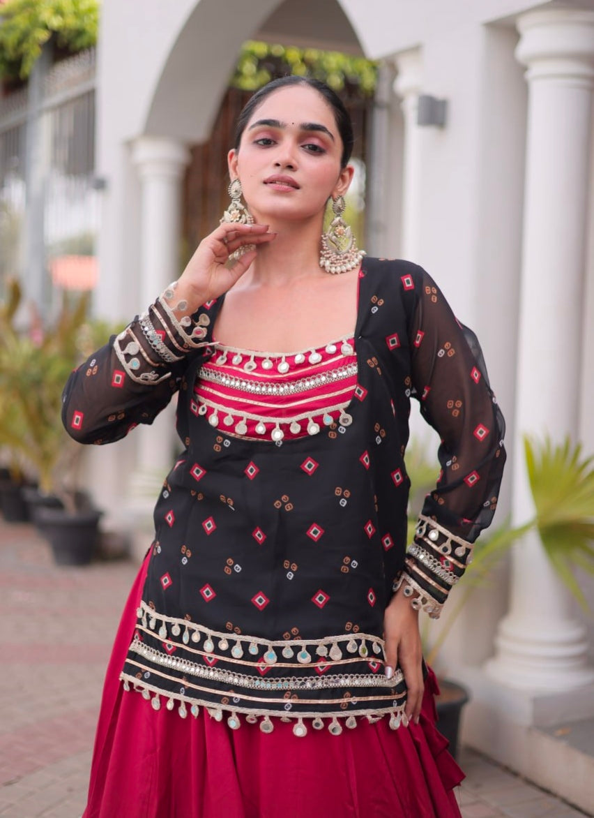 Black &amp; Red Pure Georgette Bandhani Print Kutchi Navratri Lehenga Choli