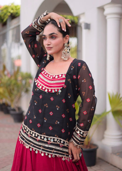 Black &amp; Red Pure Georgette Bandhani Print Kutchi Navratri Lehenga Choli