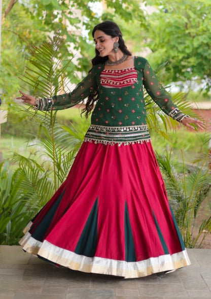 Green &amp; Red Pure Georgette Bandhani Print Kutchi Navratri Lehenga Choli