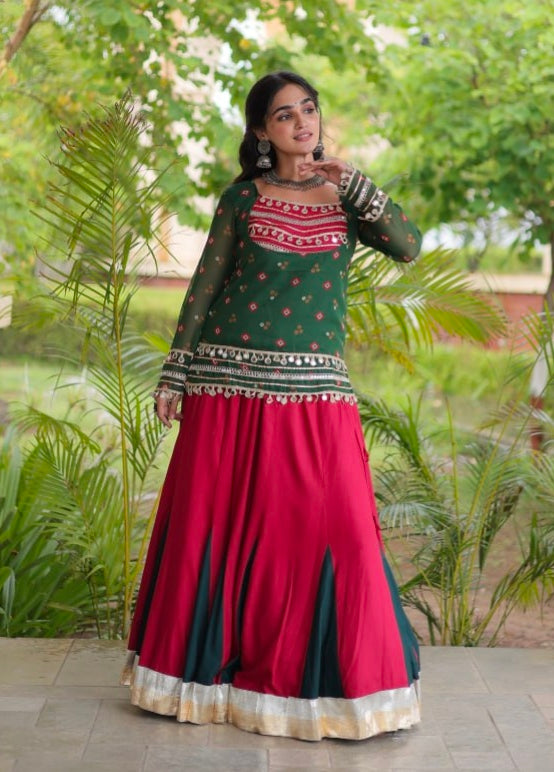 Green &amp; Red Pure Georgette Bandhani Print Kutchi Navratri Lehenga Choli