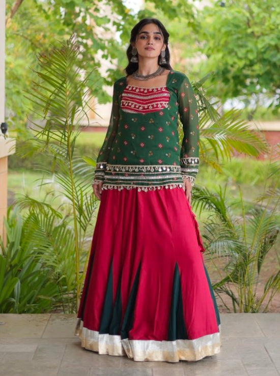 Green &amp; Red Pure Georgette Bandhani Print Kutchi Navratri Lehenga Choli
