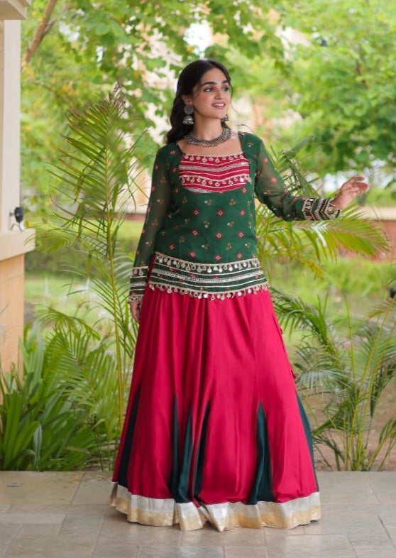 Green &amp; Red Pure Georgette Bandhani Print Kutchi Navratri Lehenga Choli