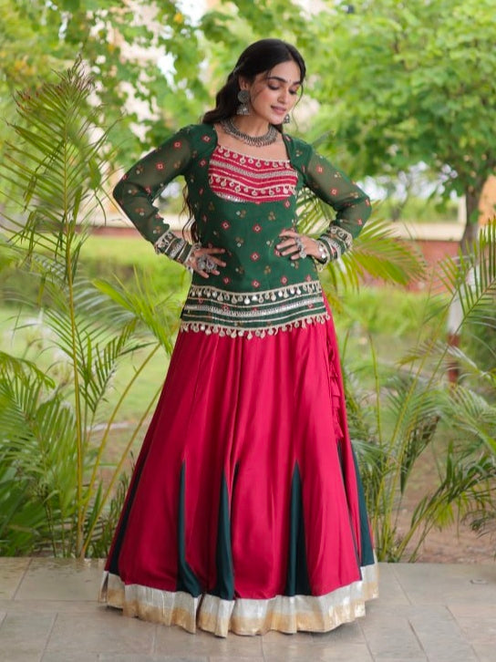 Green &amp; Red Pure Georgette Bandhani Print Kutchi Navratri Lehenga Choli