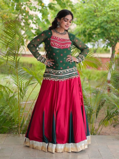 Green &amp; Red Pure Georgette Bandhani Print Kutchi Navratri Lehenga Choli