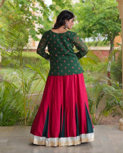 Green &amp; Red Pure Georgette Bandhani Print Kutchi Navratri Lehenga Choli