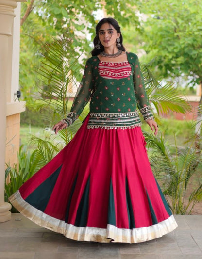 Green &amp; Red Pure Georgette Bandhani Print Kutchi Navratri Lehenga Choli