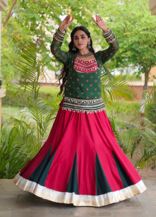 Green &amp; Red Pure Georgette Bandhani Print Kutchi Navratri Lehenga Choli