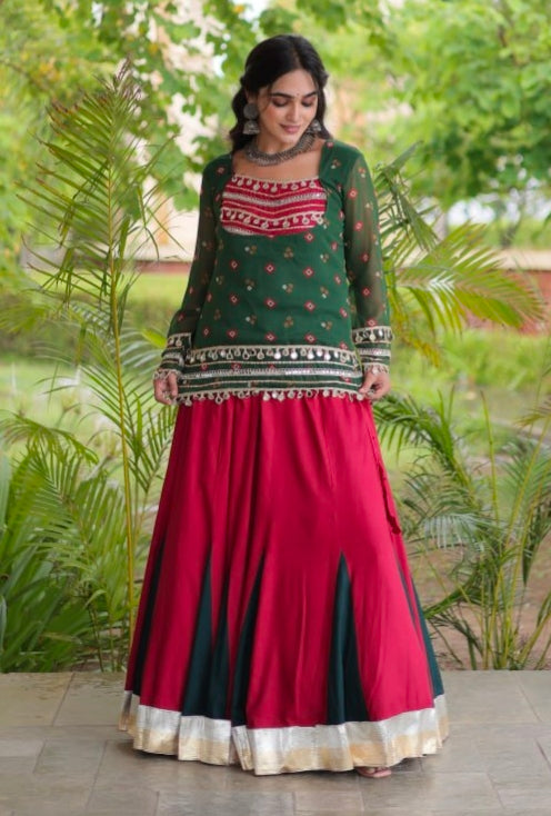 Green &amp; Red Pure Georgette Bandhani Print Kutchi Navratri Lehenga Choli