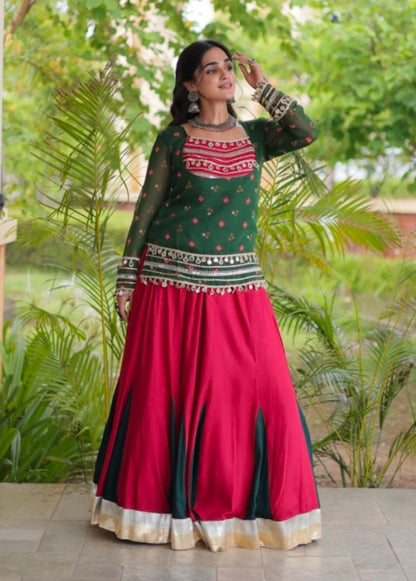 Green &amp; Red Pure Georgette Bandhani Print Kutchi Navratri Lehenga Choli