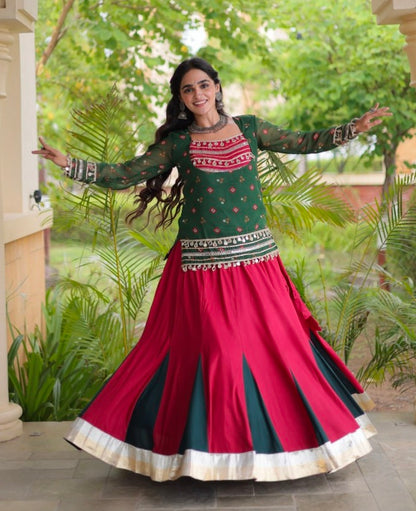 Green &amp; Red Pure Georgette Bandhani Print Kutchi Navratri Lehenga Choli