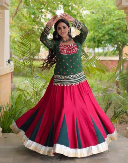 Green &amp; Red Pure Georgette Bandhani Print Kutchi Navratri Lehenga Choli