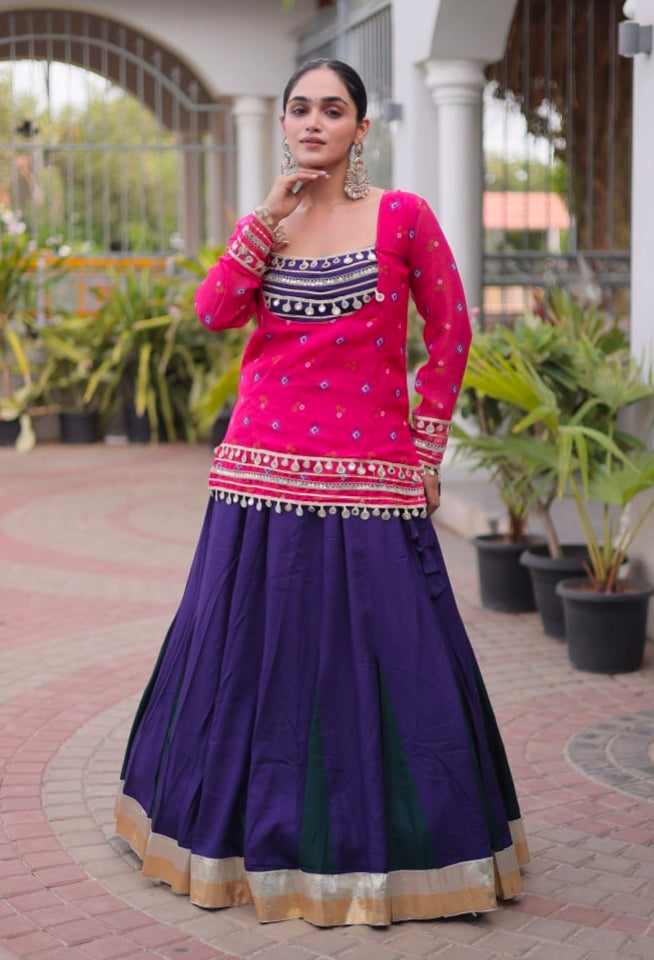 Pink &amp; Blue Pure Georgette Bandhani Print Kutchi Navratri Lehenga Choli