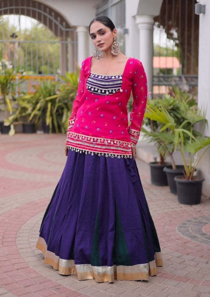Pink &amp; Blue Pure Georgette Bandhani Print Kutchi Navratri Lehenga Choli