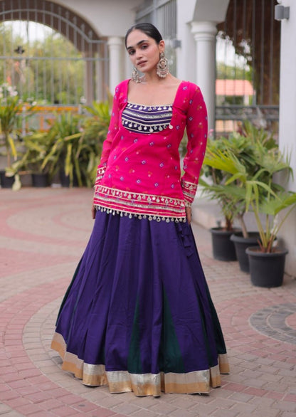 Pink &amp; Blue Pure Georgette Bandhani Print Kutchi Navratri Lehenga Choli