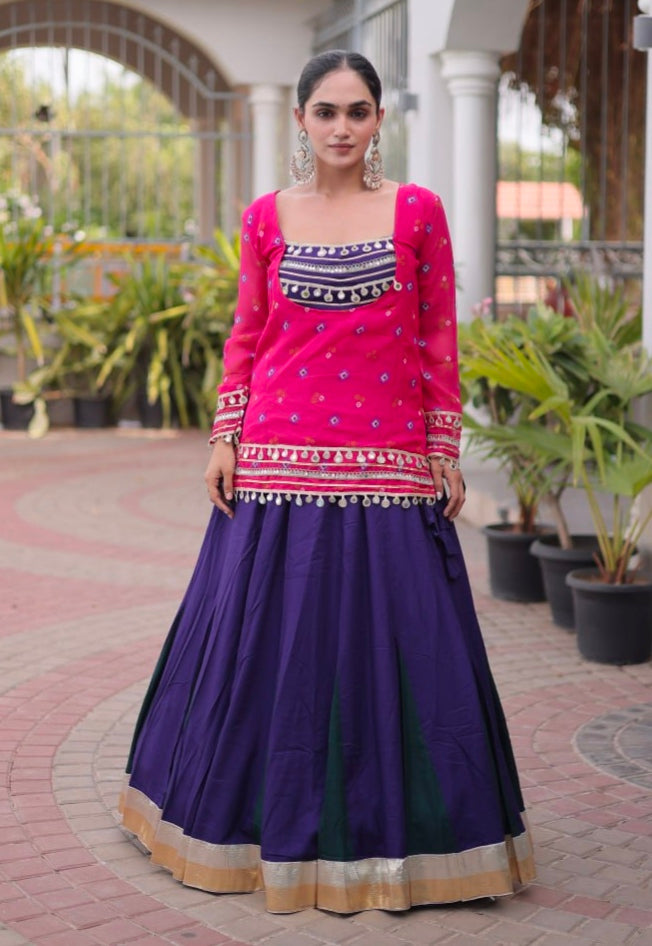 Pink &amp; Blue Pure Georgette Bandhani Print Kutchi Navratri Lehenga Choli