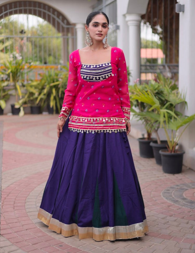 Pink &amp; Blue Pure Georgette Bandhani Print Kutchi Navratri Lehenga Choli