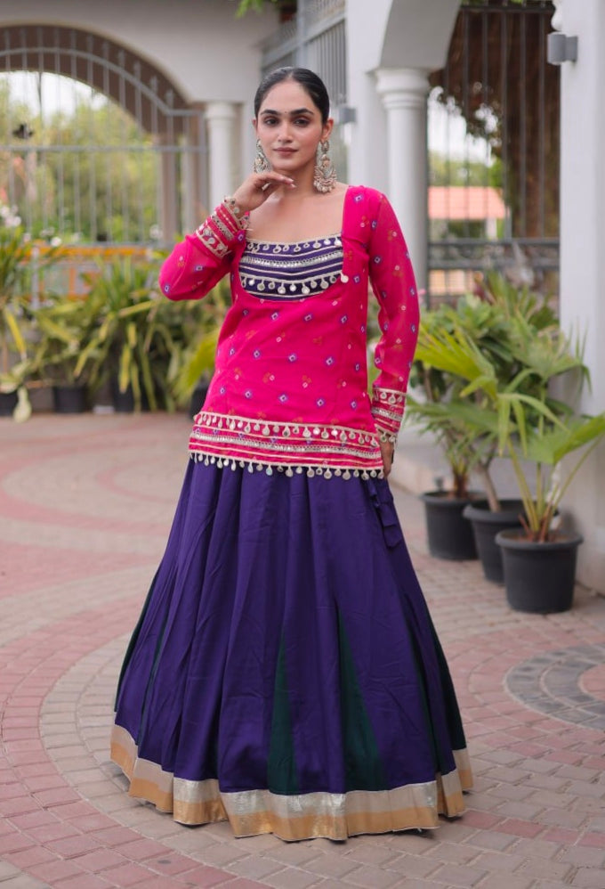 Pink &amp; Blue Pure Georgette Bandhani Print Kutchi Navratri Lehenga Choli