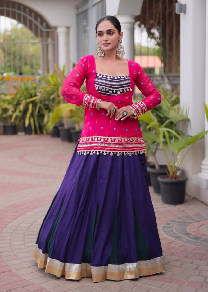 Pink &amp; Blue Pure Georgette Bandhani Print Kutchi Navratri Lehenga Choli