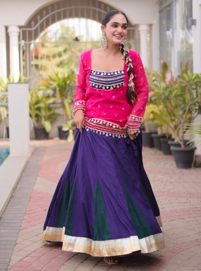 Pink &amp; Blue Pure Georgette Bandhani Print Kutchi Navratri Lehenga Choli