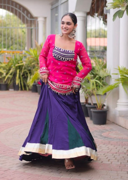 Pink &amp; Blue Pure Georgette Bandhani Print Kutchi Navratri Lehenga Choli
