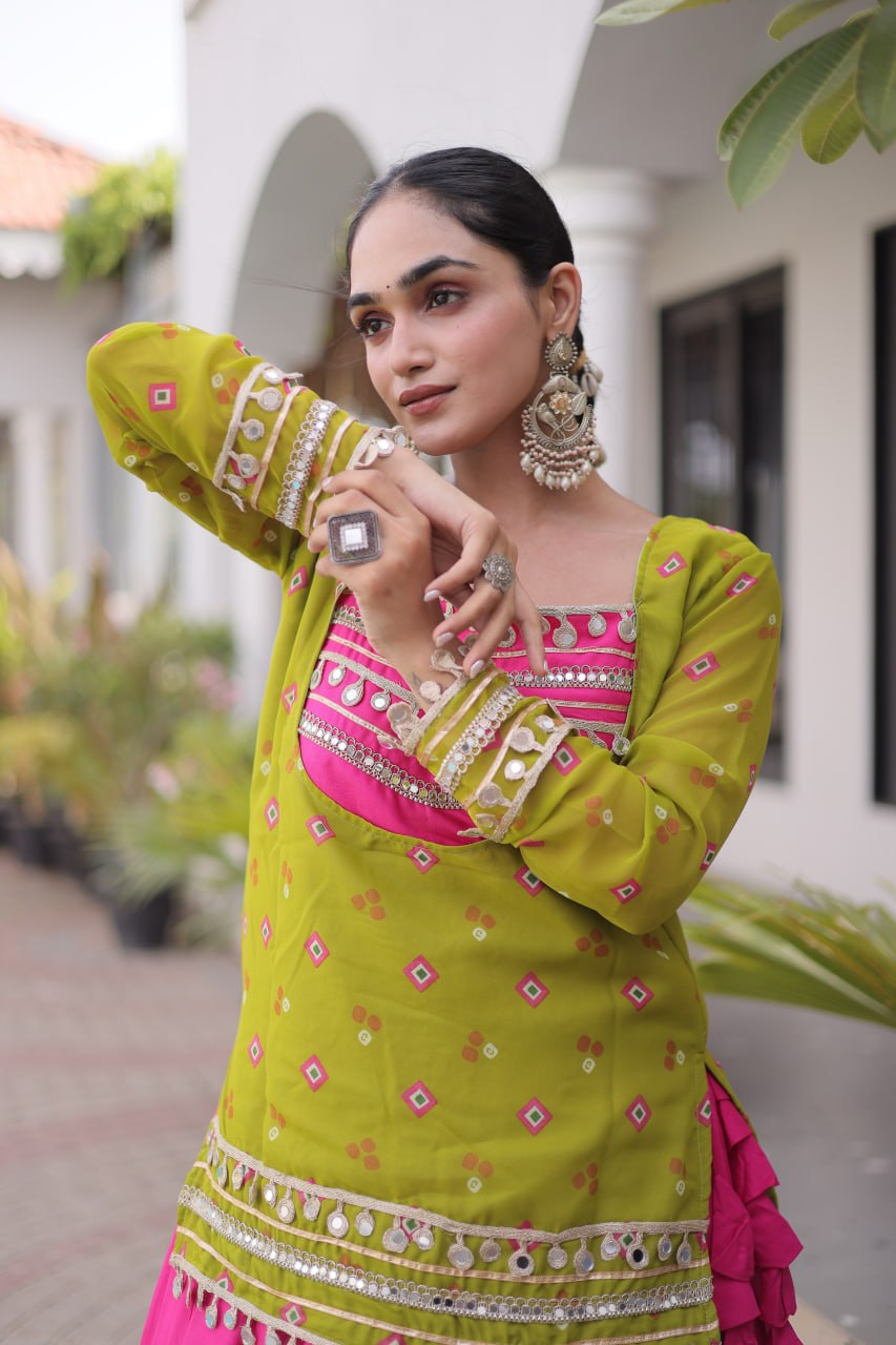 Parrot &amp; Pink Pure Georgette Bandhani Print Kutchi Navratri Lehenga Choli