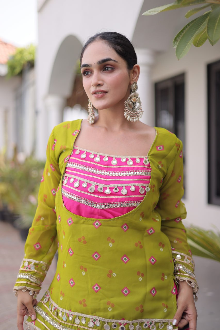 Parrot &amp; Pink Pure Georgette Bandhani Print Kutchi Navratri Lehenga Choli