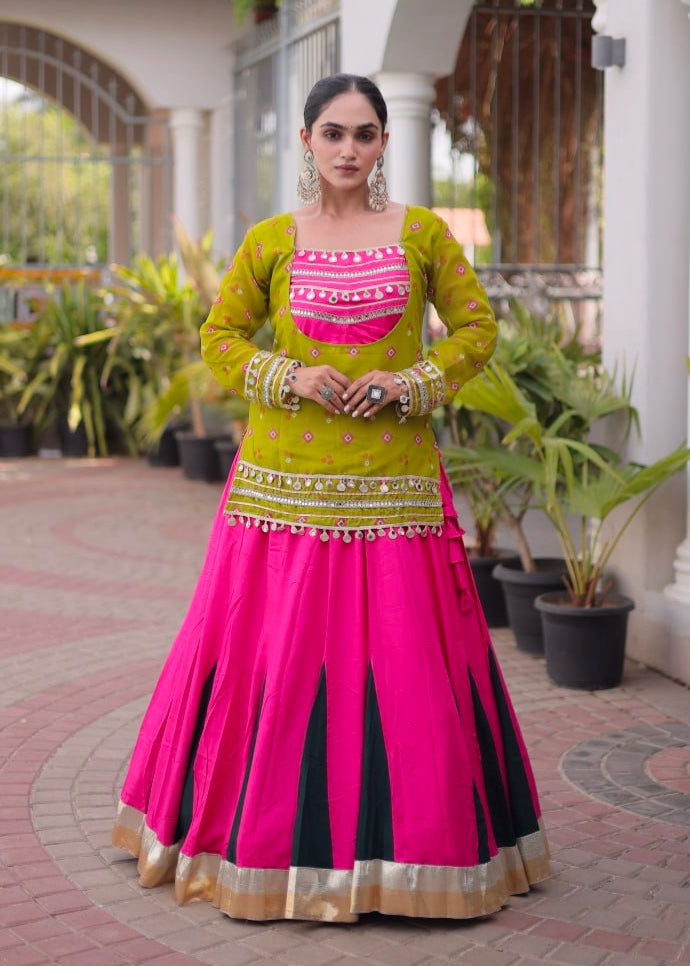Parrot &amp; Pink Pure Georgette Bandhani Print Kutchi Navratri Lehenga Choli