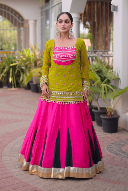 Parrot &amp; Pink Pure Georgette Bandhani Print Kutchi Navratri Lehenga Choli