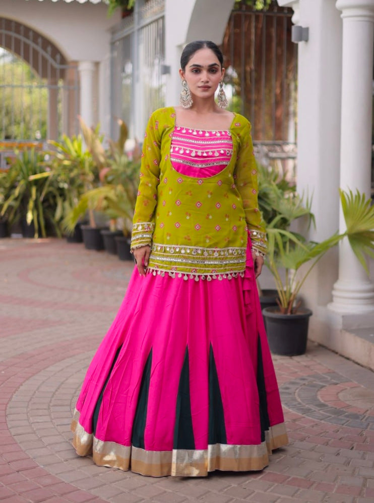 Parrot &amp; Pink Pure Georgette Bandhani Print Kutchi Navratri Lehenga Choli