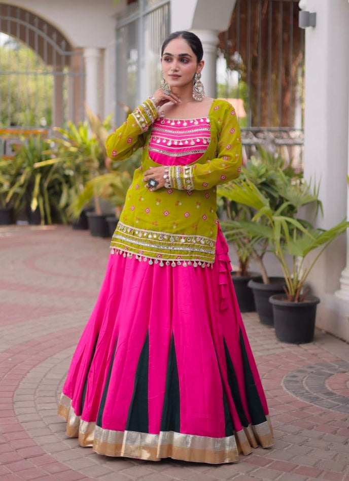Parrot &amp; Pink Pure Georgette Bandhani Print Kutchi Navratri Lehenga Choli