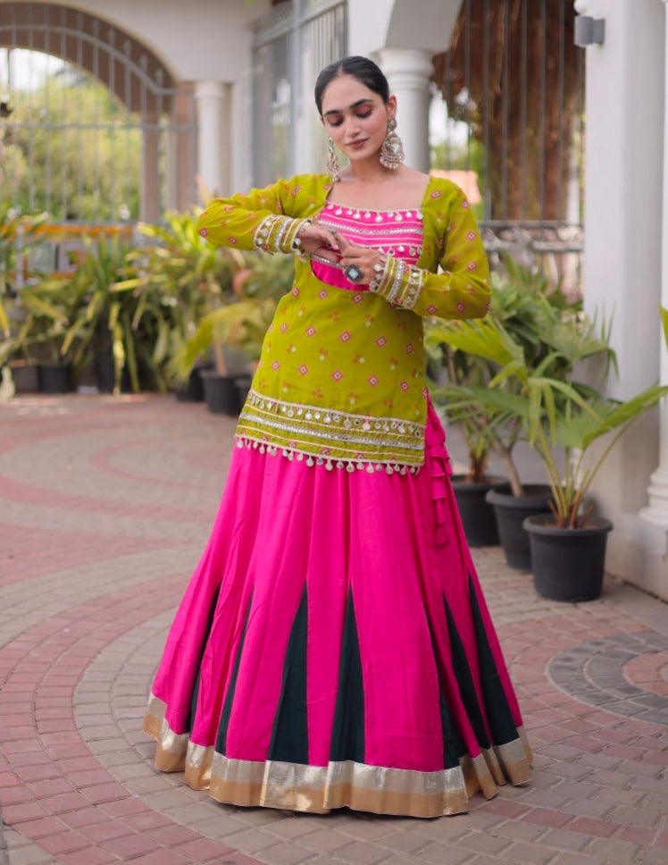 Parrot &amp; Pink Pure Georgette Bandhani Print Kutchi Navratri Lehenga Choli