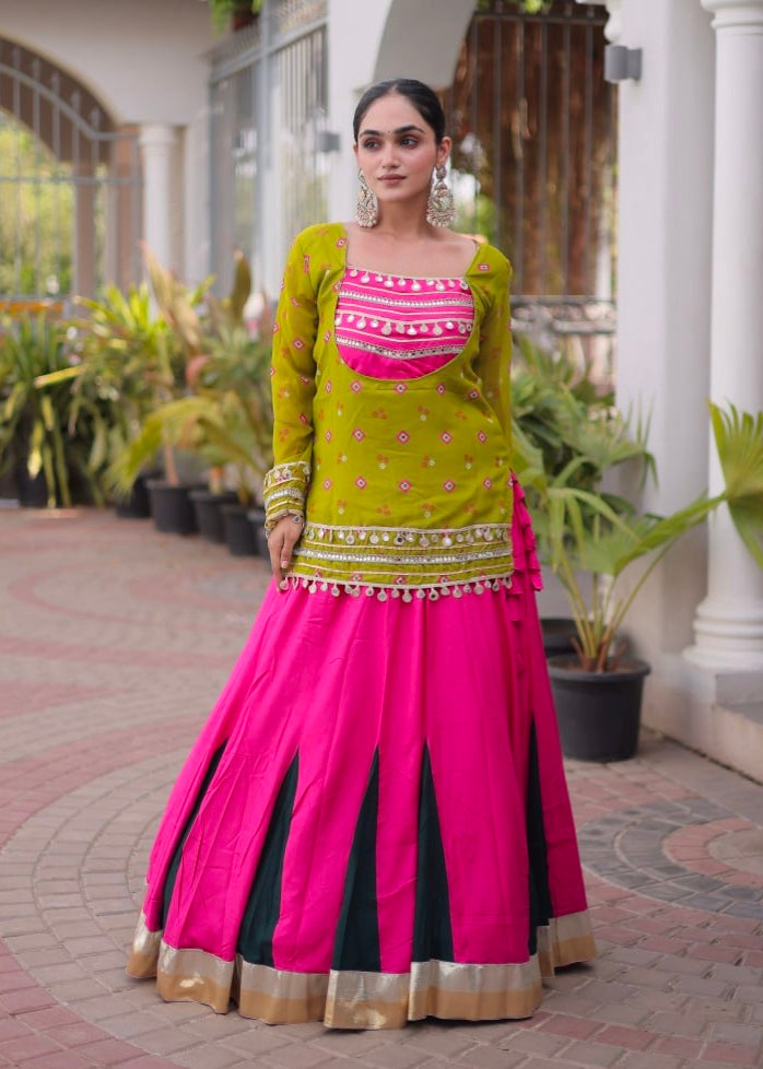 Parrot &amp; Pink Pure Georgette Bandhani Print Kutchi Navratri Lehenga Choli