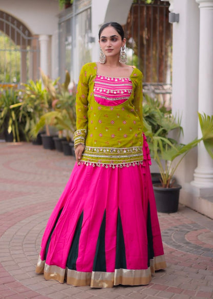 Parrot &amp; Pink Pure Georgette Bandhani Print Kutchi Navratri Lehenga Choli