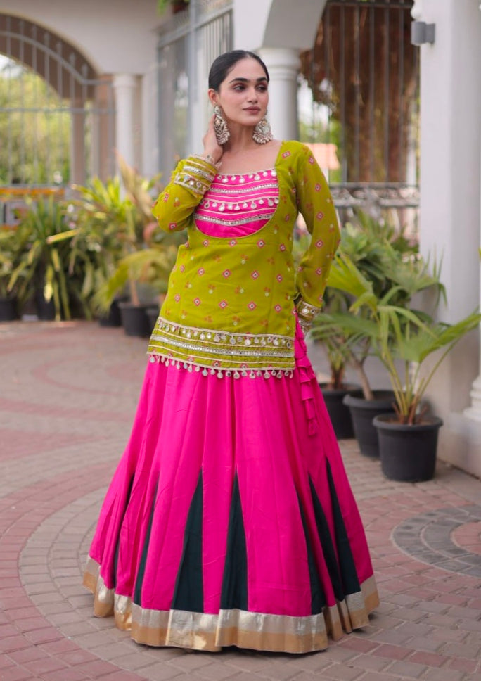 Parrot &amp; Pink Pure Georgette Bandhani Print Kutchi Navratri Lehenga Choli