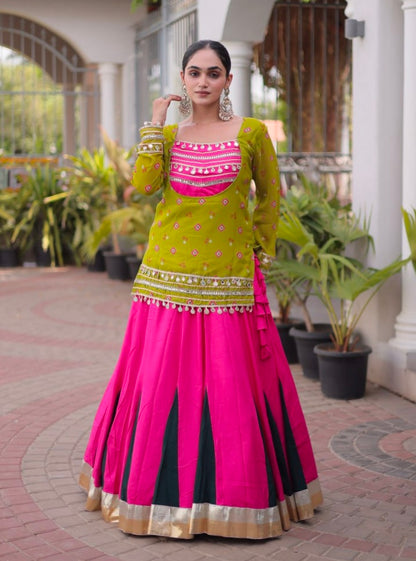 Parrot &amp; Pink Pure Georgette Bandhani Print Kutchi Navratri Lehenga Choli