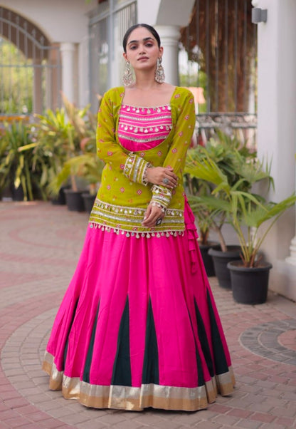 Parrot &amp; Pink Pure Georgette Bandhani Print Kutchi Navratri Lehenga Choli