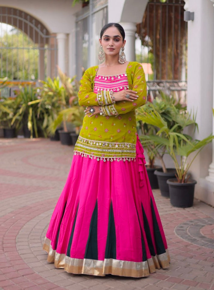 Parrot &amp; Pink Pure Georgette Bandhani Print Kutchi Navratri Lehenga Choli