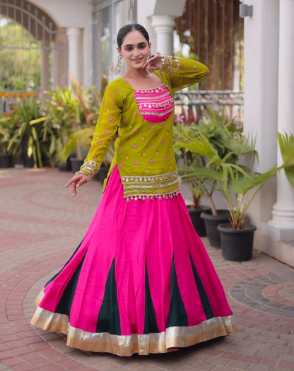 Parrot &amp; Pink Pure Georgette Bandhani Print Kutchi Navratri Lehenga Choli