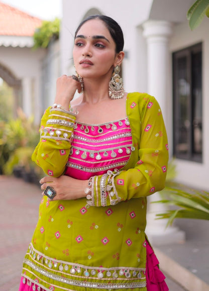 Parrot &amp; Pink Pure Georgette Bandhani Print Kutchi Navratri Lehenga Choli