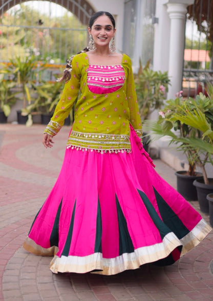 Parrot &amp; Pink Pure Georgette Bandhani Print Kutchi Navratri Lehenga Choli
