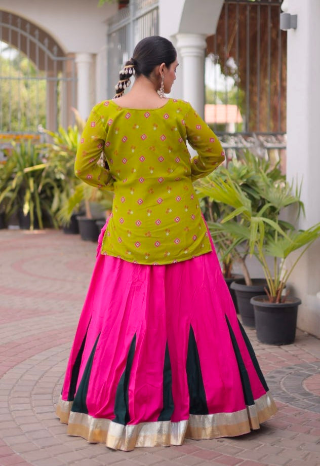 Parrot &amp; Pink Pure Georgette Bandhani Print Kutchi Navratri Lehenga Choli
