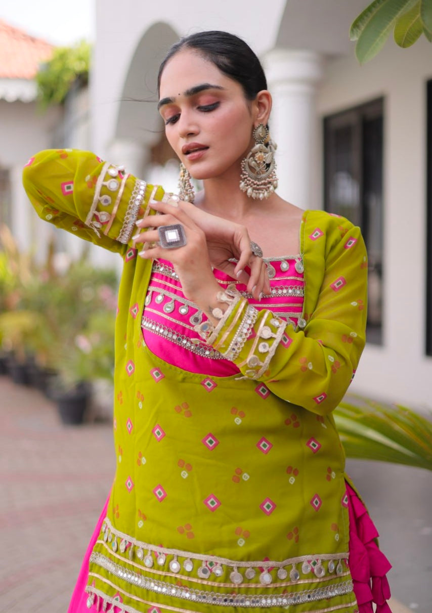 Parrot &amp; Pink Pure Georgette Bandhani Print Kutchi Navratri Lehenga Choli