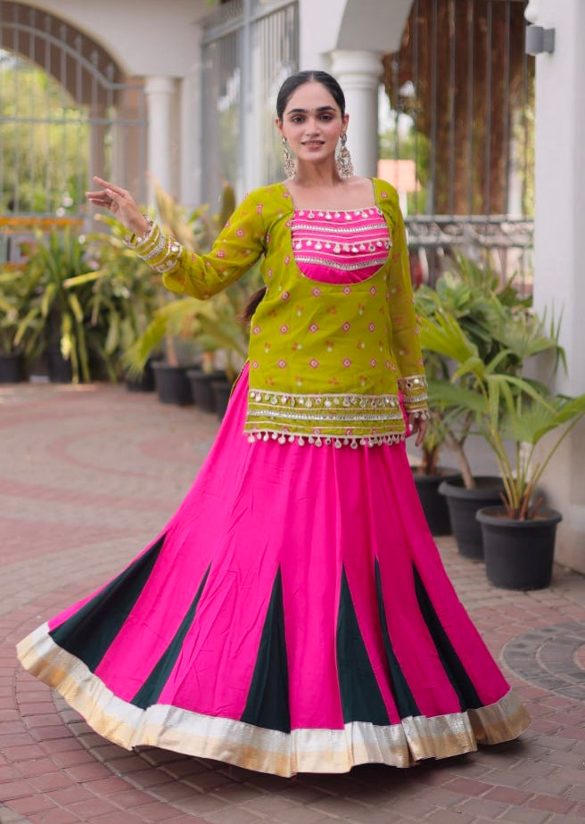 Parrot &amp; Pink Pure Georgette Bandhani Print Kutchi Navratri Lehenga Choli