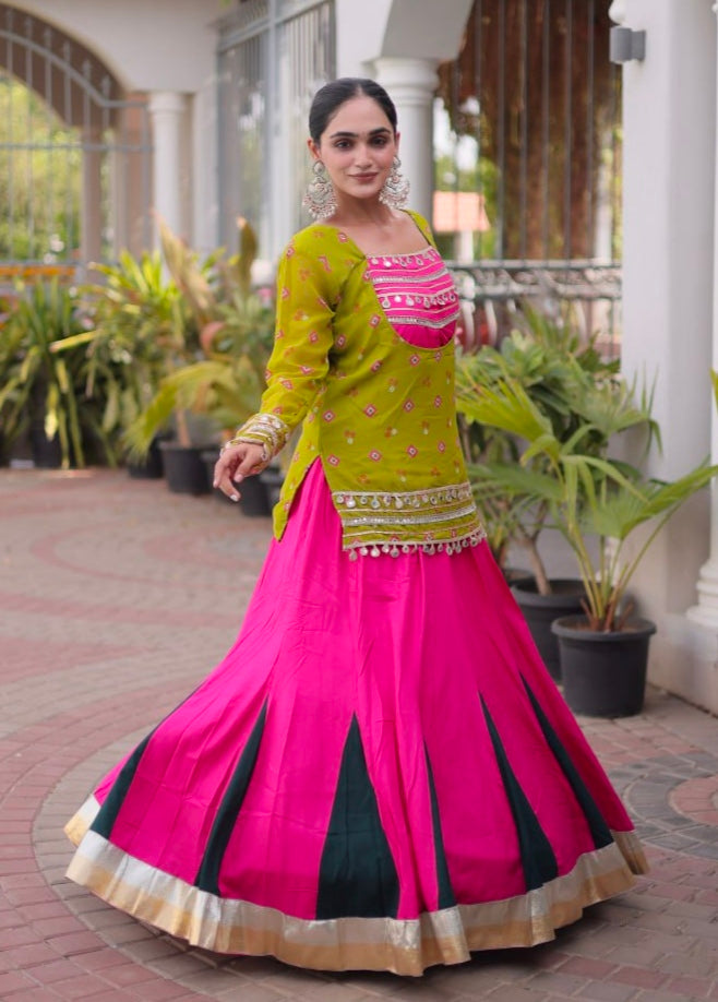 Parrot &amp; Pink Pure Georgette Bandhani Print Kutchi Navratri Lehenga Choli