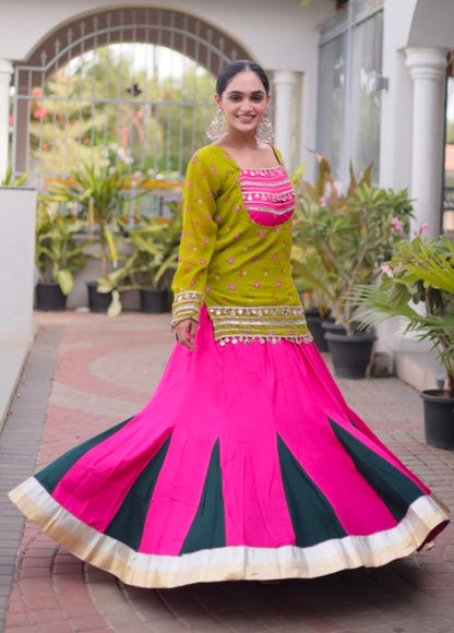 Parrot &amp; Pink Pure Georgette Bandhani Print Kutchi Navratri Lehenga Choli
