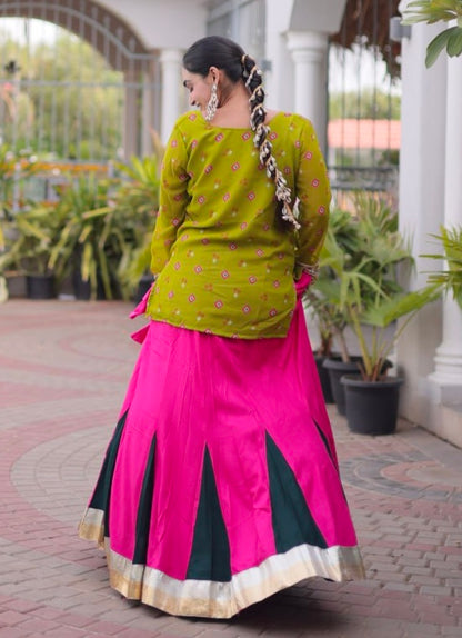 Parrot &amp; Pink Pure Georgette Bandhani Print Kutchi Navratri Lehenga Choli