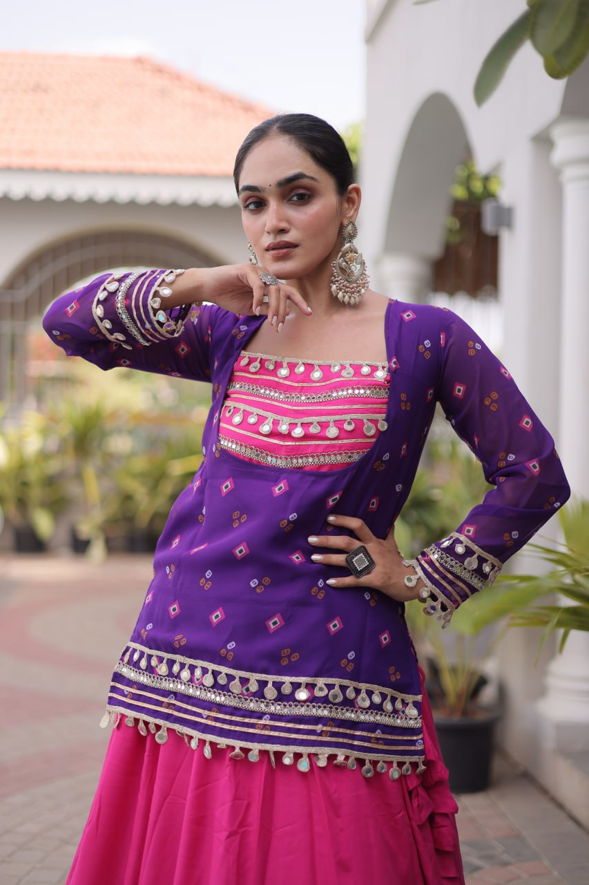 Purple &amp; Pink Pure Georgette Bandhani Print Kutchi Navratri Lehenga Choli