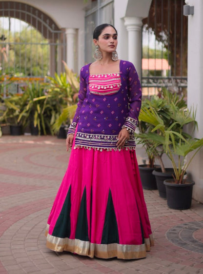 Purple &amp; Pink Pure Georgette Bandhani Print Kutchi Navratri Lehenga Choli