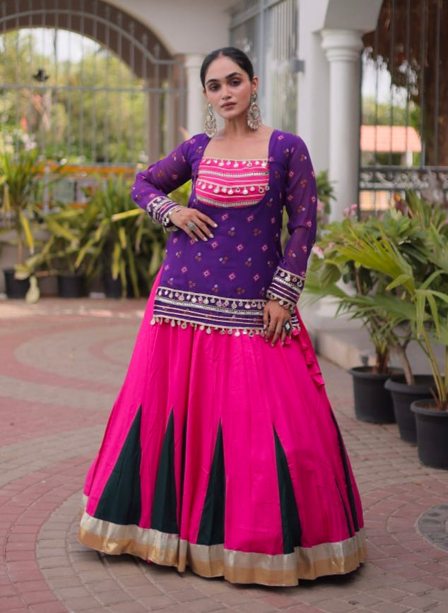 Purple &amp; Pink Pure Georgette Bandhani Print Kutchi Navratri Lehenga Choli